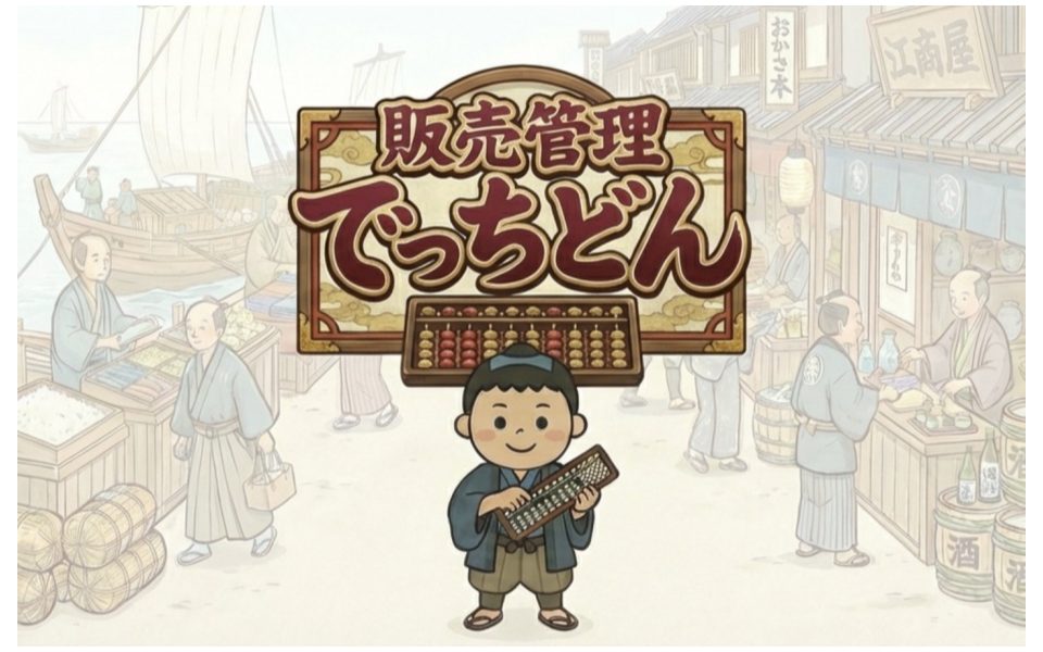 江戸の商店街を背景に、そろばんを持った丁稚の男の子と「販売管理 でっちどん」の看板