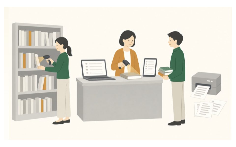 図書室のカウンターでバーコードを読み取って本の貸出をしているイラスト（LibraMini）