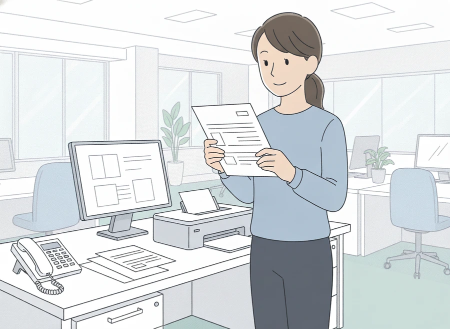 オフィスで、プリンタから出てきた請求書を手に取って内容を確認している事務職の女性のイラスト