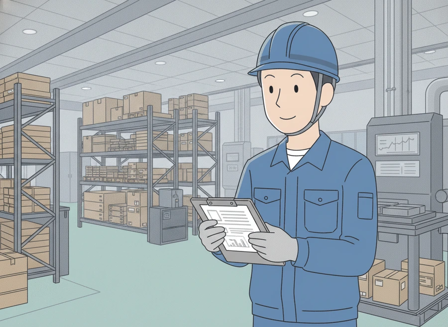 倉庫でクリップボードを手に、その日の作業記録をまとめている作業服の男性のイラスト