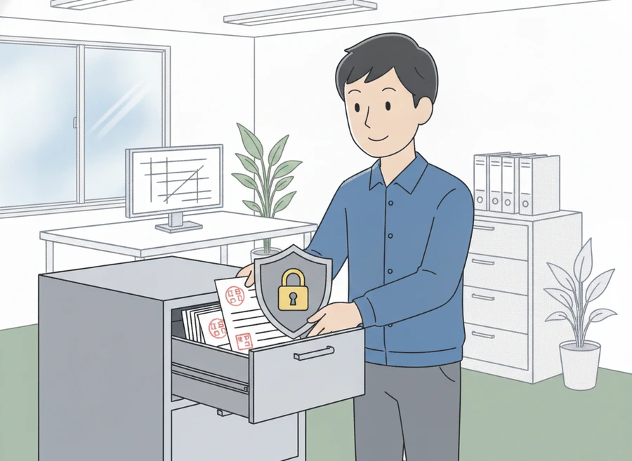 承認印の押された書類を、南京錠のマークに守られた状態でキャビネットに保管している男性社員のイラスト