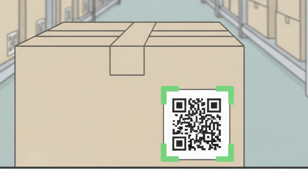 読み取り画面のイラスト。倉庫でカメラ越しに段ボール箱をとらえ、箱に貼られたQRコードのラベルを緑色の読み取り枠が囲んでいる
