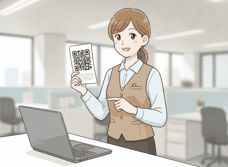 QRコードが印字された納品書を手に持ち、ノートPCの前で取り込もうとしているイラスト