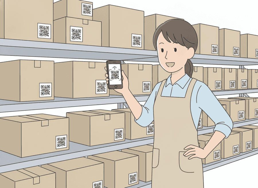 倉庫の棚の前で、段ボール箱のQRコードをスマートフォンで読み取っているイラスト
