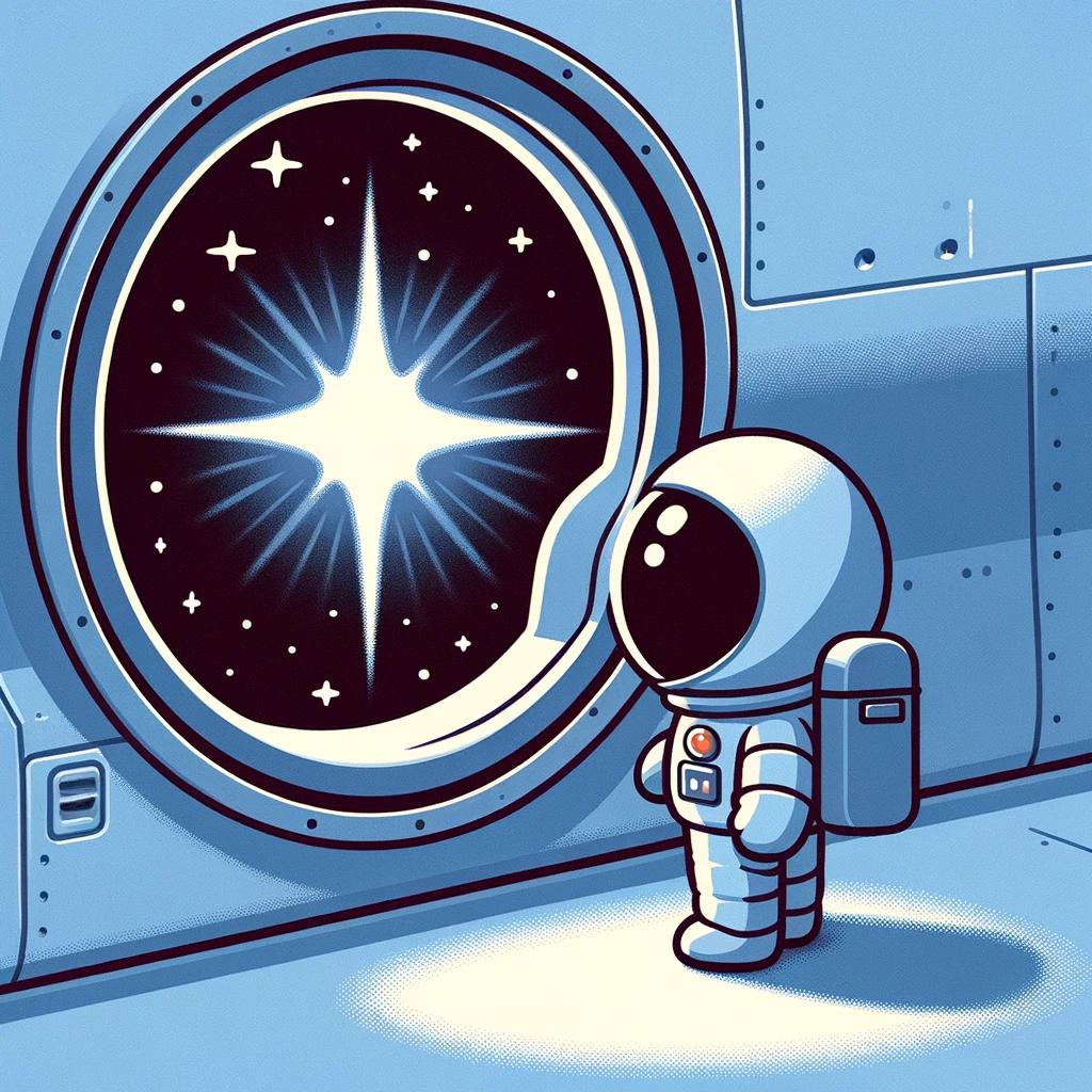 宇宙船の窓からパルサーの光を眺める小さな宇宙飛行士のイラスト