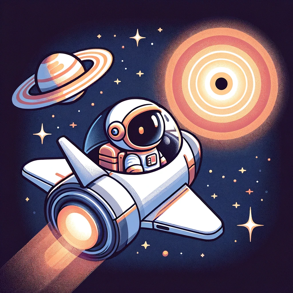 宇宙船に乗って土星のそばを飛ぶ小さな宇宙飛行士のイラスト