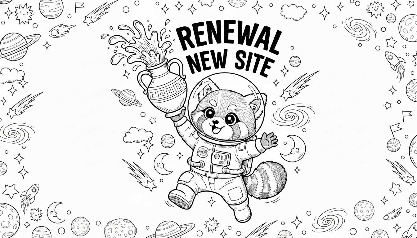 宇宙服を着たレッサーパンダが水瓶を抱えてジャンプ、水瓶からRENEWAL/NEW SITEの文字が飛び出す宇宙背景のイラスト