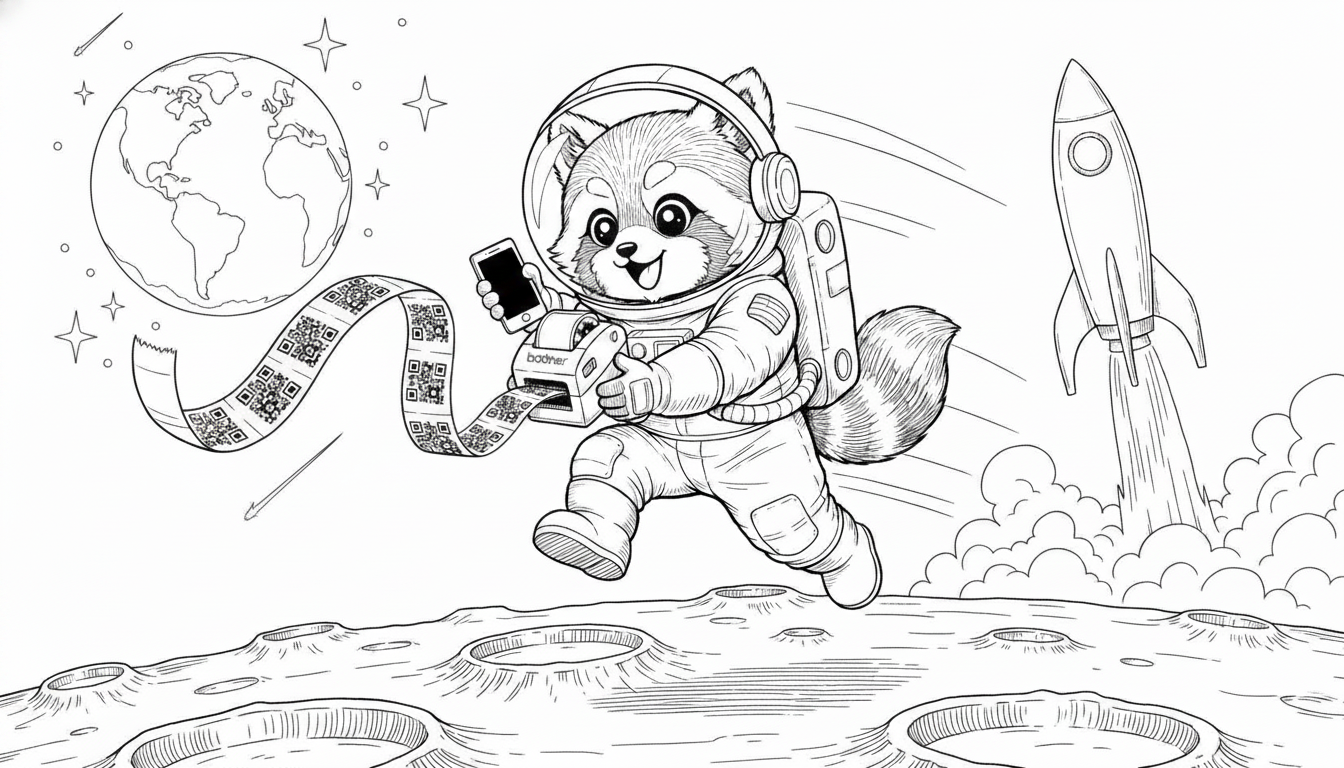 宇宙服のキャラがスマホとラベルプリンターを持って月面を飛び回る