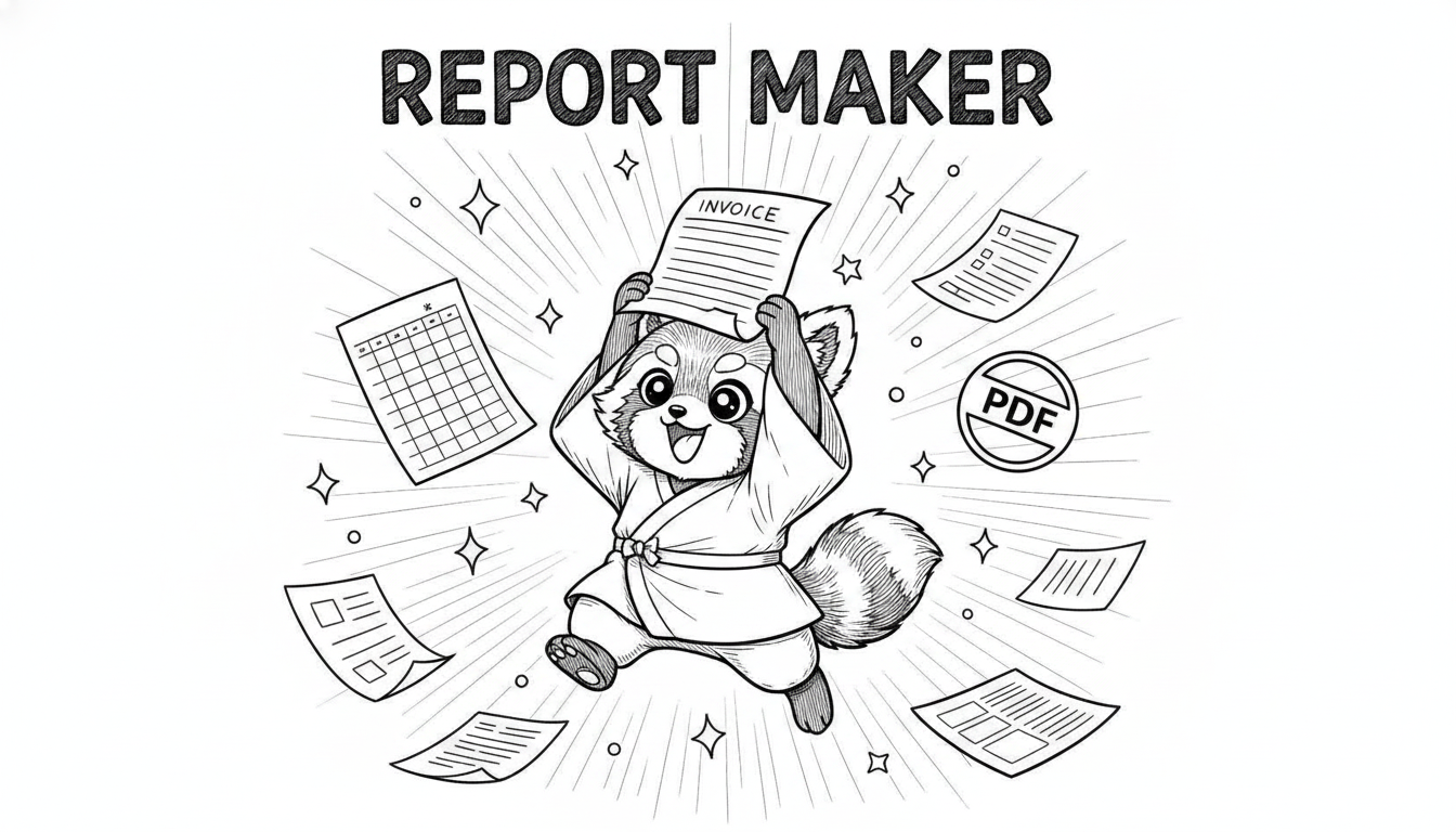 帳票を掲げて跳ねるレッサーパンダのキャラクターと、REPORT MAKERの文字が描かれたモノクロ線画