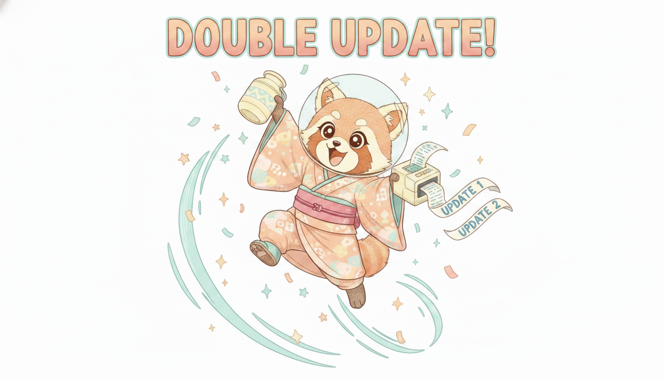 マスコットのひやしたぬきが水瓶とラベルプリンターを持って「DOUBLE UPDATE!」を祝うイラスト